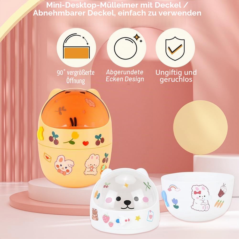 1 Tischmülleimer mit Deckel 100 Müllbeutel,Niedlich Mini Desktop-Mülleimer mit Deckel, Tragbarer Abnehmbarer Tischabfalleimer für Home Office (Pessimistisch)