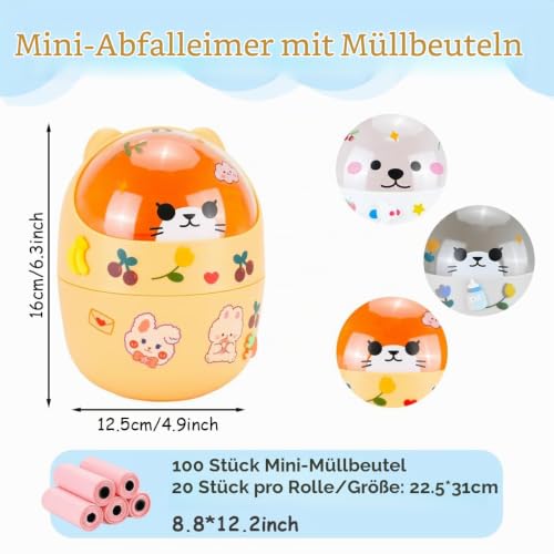 1 Tischmülleimer mit Deckel 100 Müllbeutel,Niedlich Mini Desktop-Mülleimer mit Deckel, Tragbarer Abnehmbarer Tischabfalleimer für Home Office (Pessimistisch)