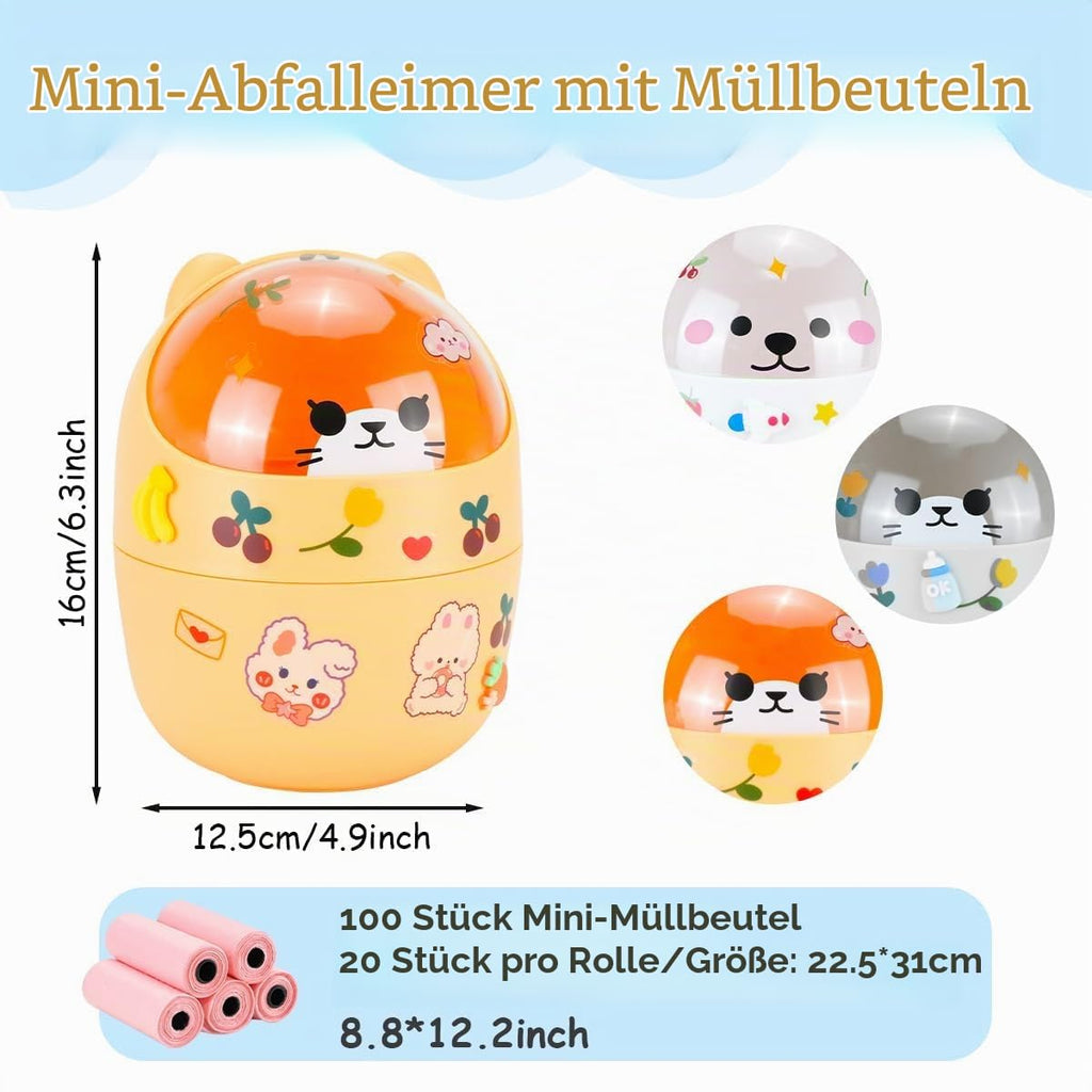 1 Tischmülleimer mit Deckel 100 Müllbeutel,Niedlich Mini Desktop-Mülleimer mit Deckel, Tragbarer Abnehmbarer Tischabfalleimer für Home Office (Pessimistisch)