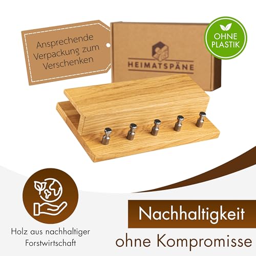 Heimatspäne Schlüsselbrett Holz – Hochwertige Edelstahlhaken und echtes Eichenholz – handgemachtes Schlüsselbrett aus Holz mit Ablage