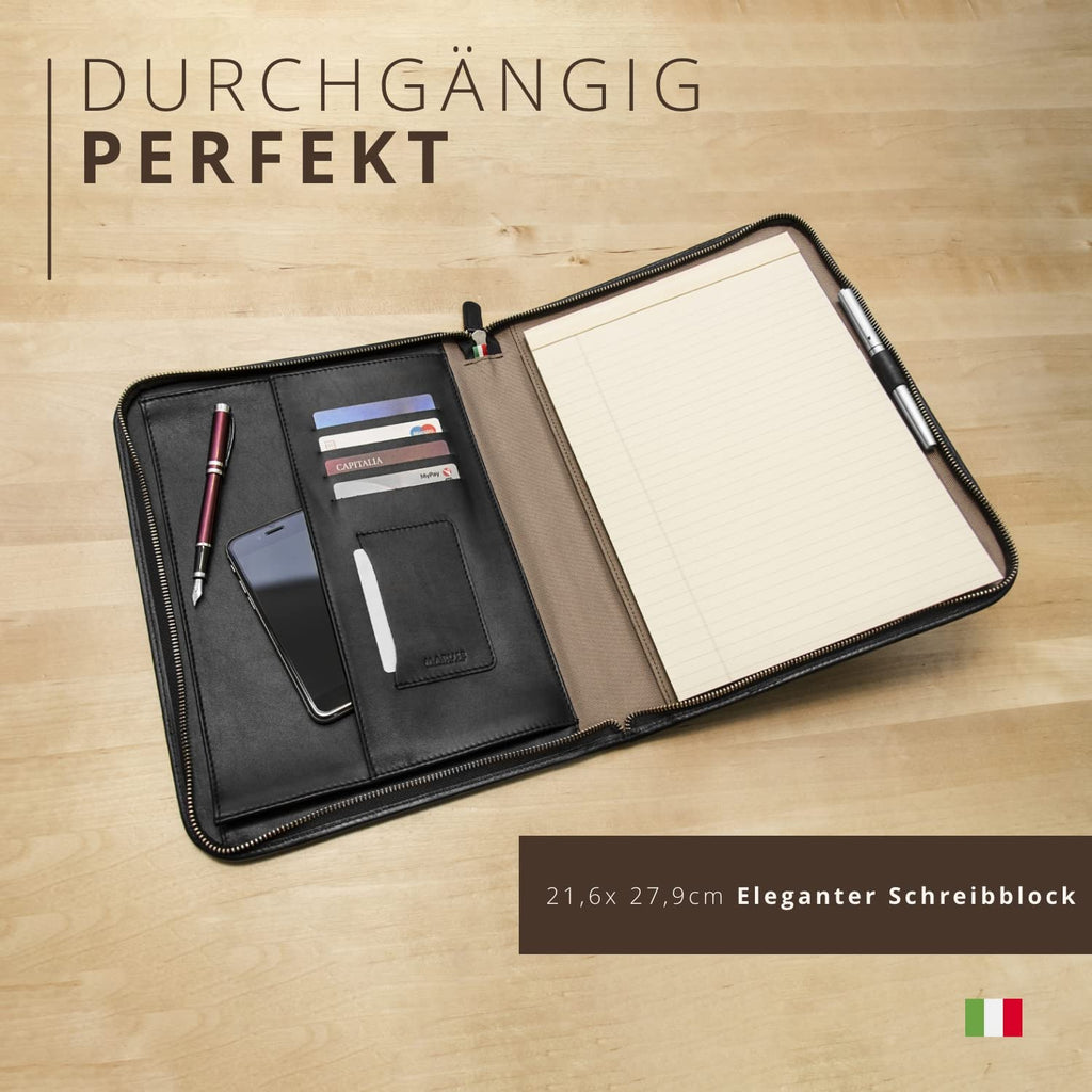 Konferenzmappe A4 aus 100% vollnarbiges Leder mit Reißverschluss - handgefertigt in Italien von erfahrenen Handwerkern - Navy