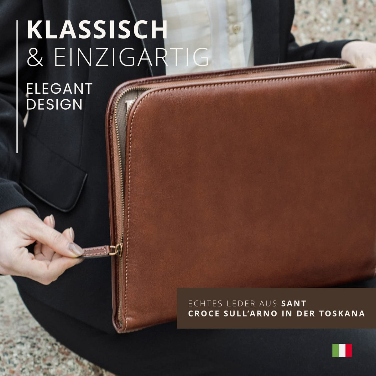 Konferenzmappe A4 aus 100% vollnarbiges Leder mit Reißverschluss - handgefertigt in Italien von erfahrenen Handwerkern - Navy