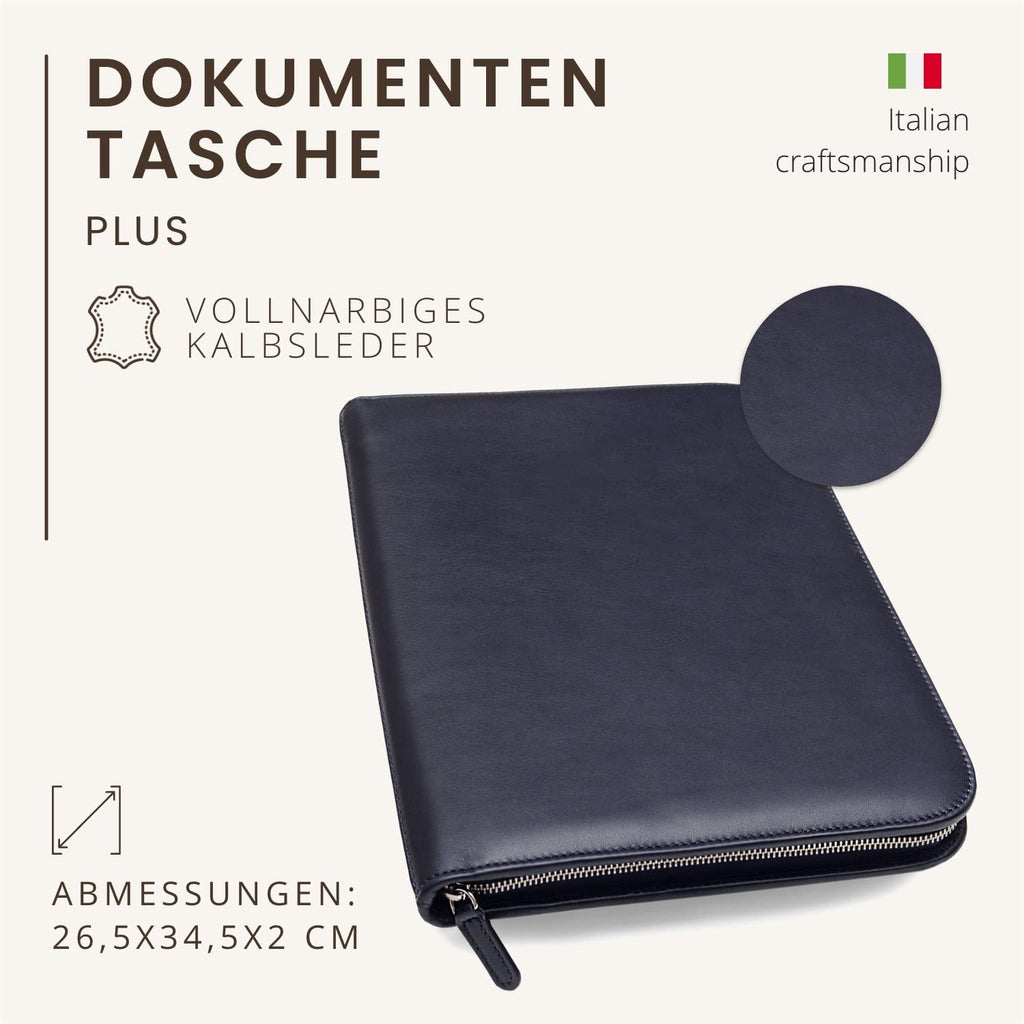 Konferenzmappe A4 aus 100% vollnarbiges Leder mit Reißverschluss - handgefertigt in Italien von erfahrenen Handwerkern - Navy