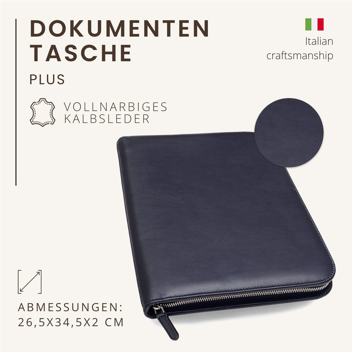 Konferenzmappe A4 aus 100% vollnarbiges Leder mit Reißverschluss - handgefertigt in Italien von erfahrenen Handwerkern - Navy