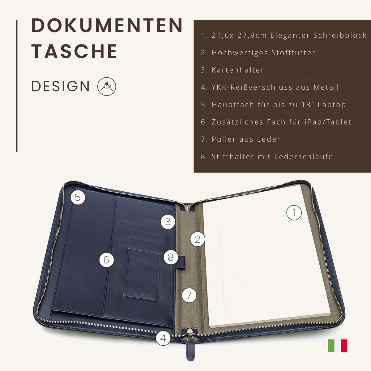 Konferenzmappe A4 aus 100% vollnarbiges Leder mit Reißverschluss - handgefertigt in Italien von erfahrenen Handwerkern - Navy