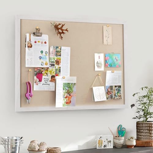 Pinnwand Groß mit Leinen, Pinnwand Kork 60x45CM, Pinwand mit Holzrahmen für Küche Büro Schule Heim Wand Dekoration Aufhängen, Korktafel mit 20 Pinnnadeln, 1 Stück(Vintage-Weiß)