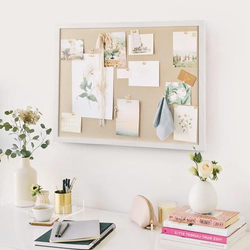 Pinnwand Groß mit Leinen, Pinnwand Kork 60x45CM, Pinwand mit Holzrahmen für Küche Büro Schule Heim Wand Dekoration Aufhängen, Korktafel mit 20 Pinnnadeln, 1 Stück(Vintage-Weiß)