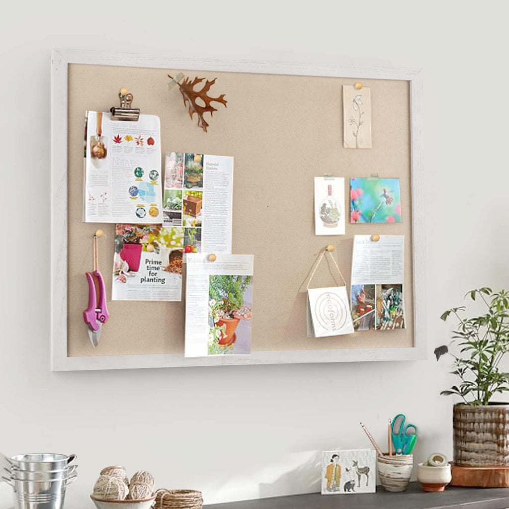 Pinnwand Groß mit Leinen, Pinnwand Kork 60x45CM, Pinwand mit Holzrahmen für Küche Büro Schule Heim Wand Dekoration Aufhängen, Korktafel mit 20 Pinnnadeln, 1 Stück(Vintage-Weiß)