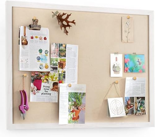 Pinnwand Groß mit Leinen, Pinnwand Kork 60x45CM, Pinwand mit Holzrahmen für Küche Büro Schule Heim Wand Dekoration Aufhängen, Korktafel mit 20 Pinnnadeln, 1 Stück(Vintage-Weiß)
