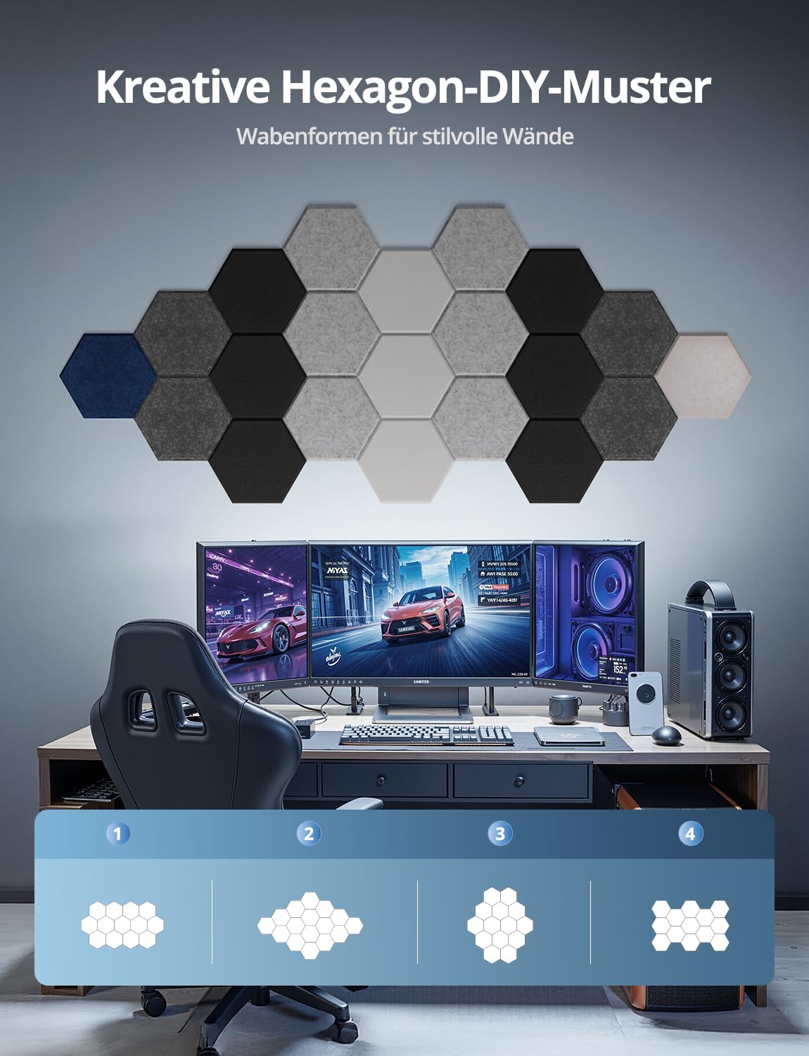 Acoustic Panels Hexagon Schallabsorber Selbstklebend für Gaming Wand