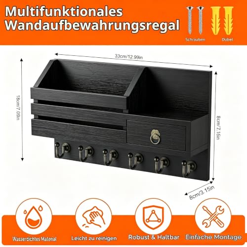 Holz Schlüsselbrett mit Ablage Schlüsselhalter Wand Schlüsselablage Schwarz
