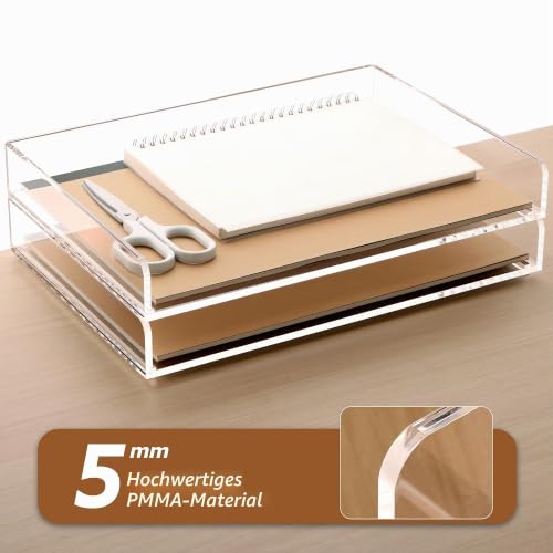 SANRUI Briefablage A4 Stapelbar Acryl Ablagefächer, Premium Dokumentenablage Quer, Transparent & Massiv Desk Organizer & Briefkorb für Büro, Briefe & Papier, 2-Stufige Postablage
