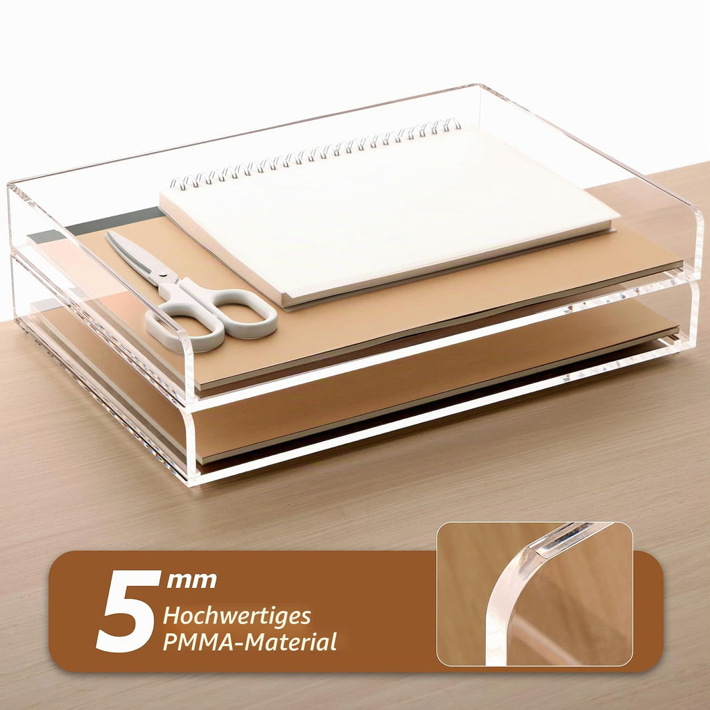 SANRUI Briefablage A4 Stapelbar Acryl Ablagefächer, Premium Dokumentenablage Quer, Transparent & Massiv Desk Organizer & Briefkorb für Büro, Briefe & Papier, 2-Stufige Postablage
