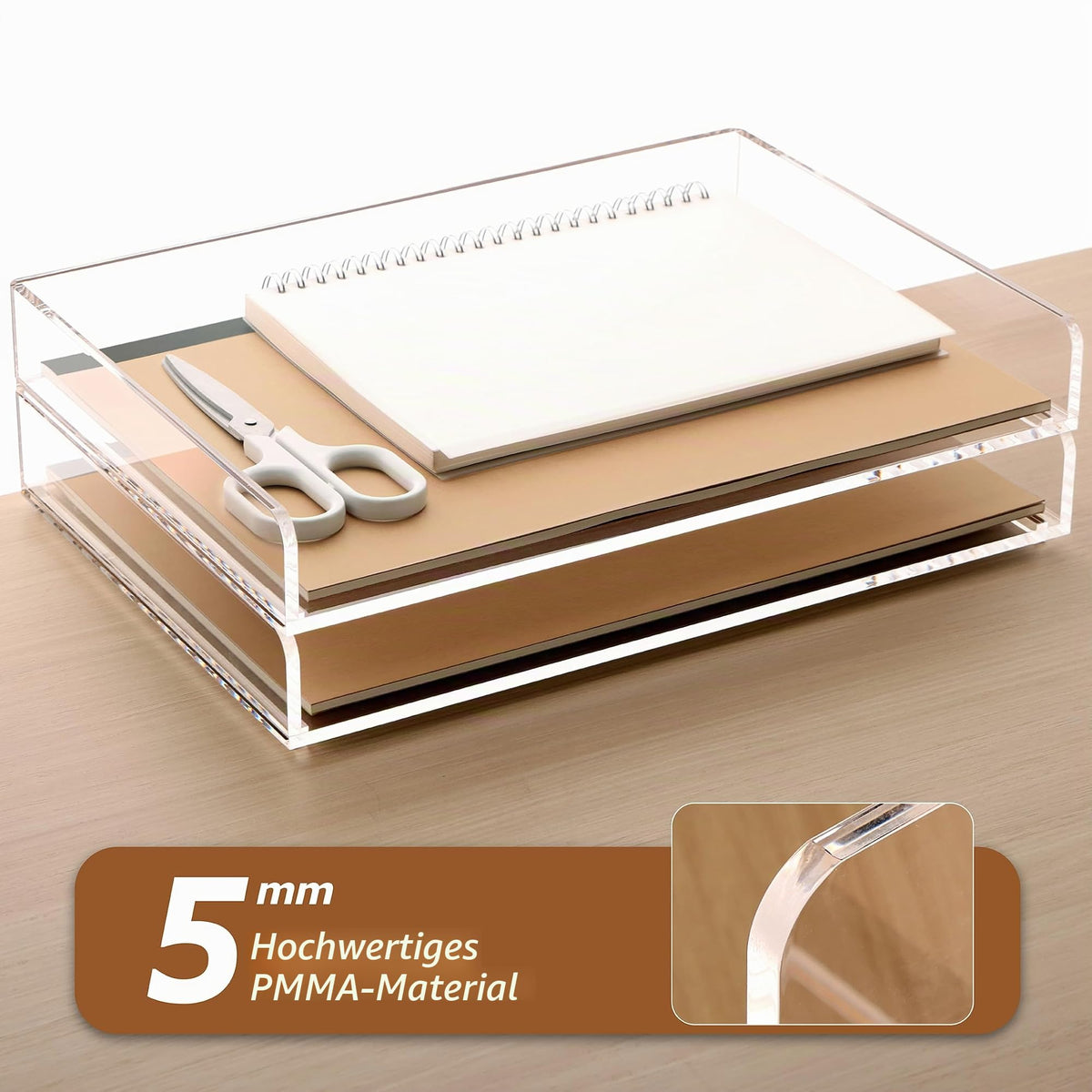 SANRUI Briefablage A4 Stapelbar Acryl Ablagefächer, Premium Dokumentenablage Quer, Transparent & Massiv Desk Organizer & Briefkorb für Büro, Briefe & Papier, 2-Stufige Postablage