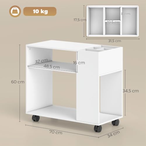 HOMCOM Druckertisch mit Rollen mit Unterteiltem Fach 70 x 34 x 60 cm Weiß