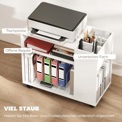 HOMCOM Druckertisch mit Rollen mit Unterteiltem Fach 70 x 34 x 60 cm Weiß
