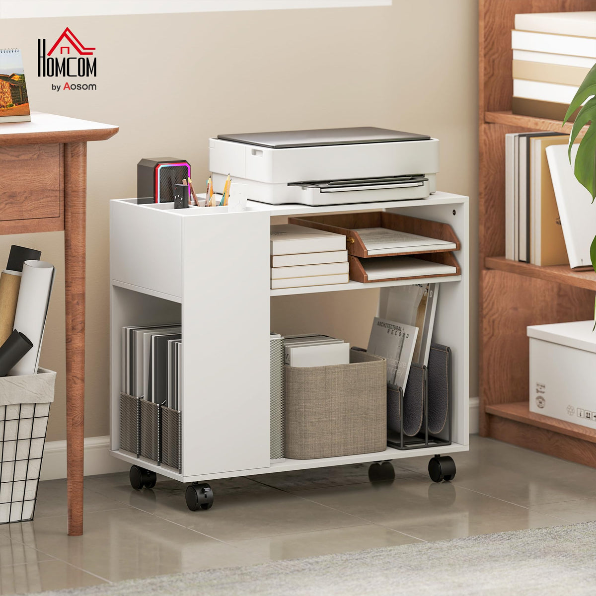 HOMCOM Druckertisch mit Rollen mit Unterteiltem Fach 70 x 34 x 60 cm Weiß