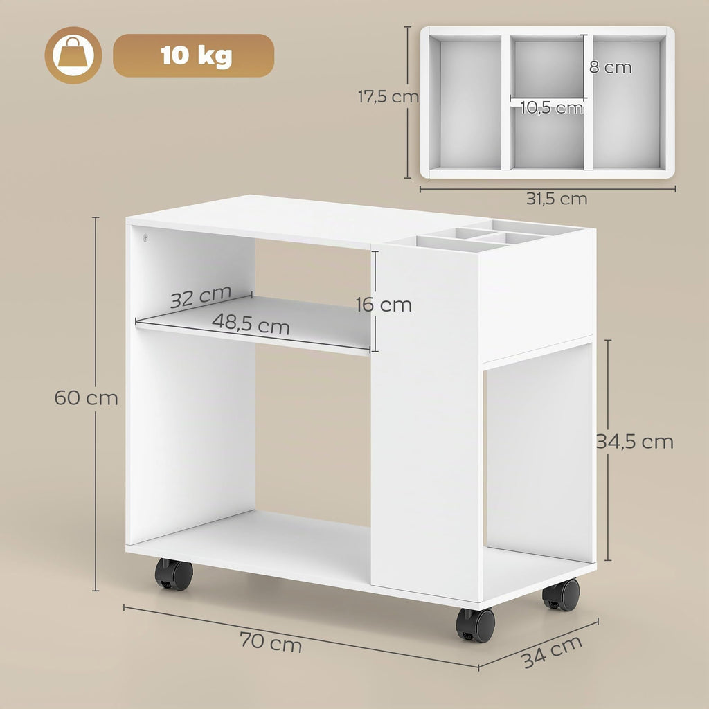 HOMCOM Druckertisch mit Rollen mit Unterteiltem Fach 70 x 34 x 60 cm Weiß