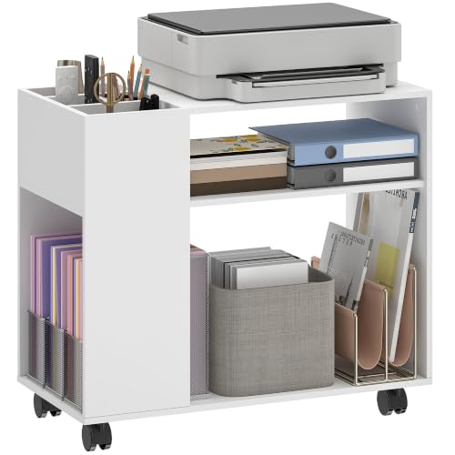 HOMCOM Druckertisch mit Rollen mit Unterteiltem Fach 70 x 34 x 60 cm Weiß