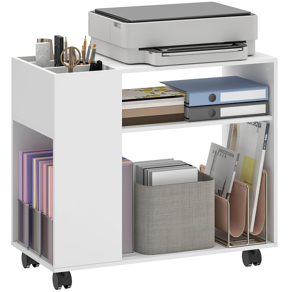 HOMCOM Druckertisch mit Rollen mit Unterteiltem Fach 70 x 34 x 60 cm Weiß