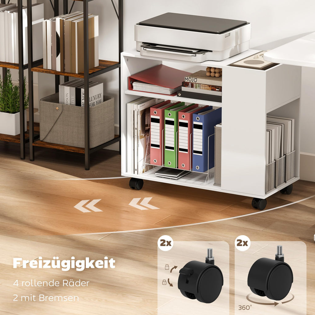 HOMCOM Druckertisch mit Rollen mit Unterteiltem Fach 70 x 34 x 60 cm Weiß