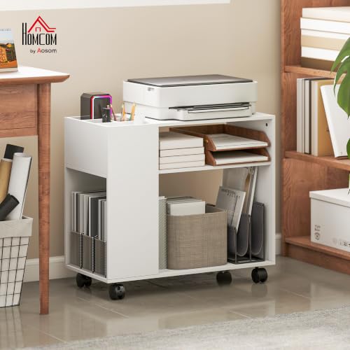 HOMCOM Druckertisch mit Rollen mit Unterteiltem Fach 70 x 34 x 60 cm Weiß