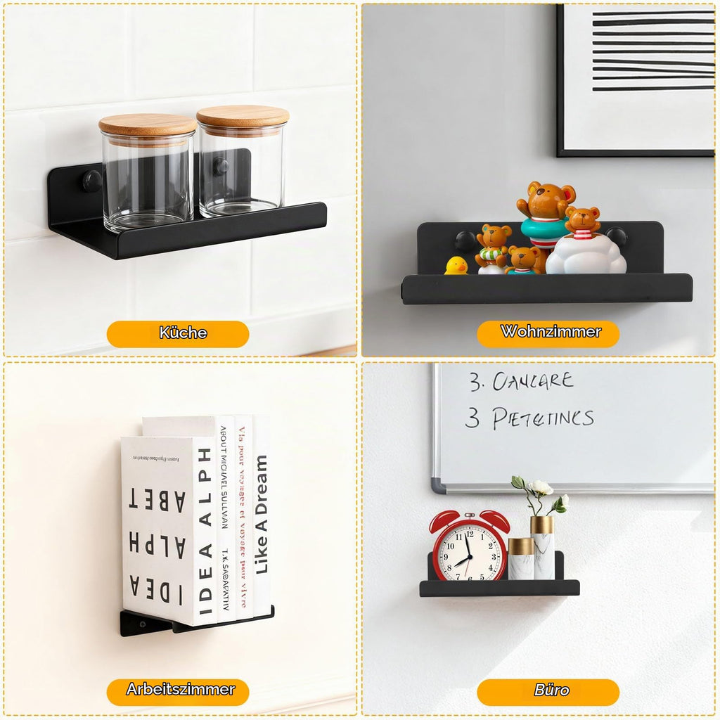 Wandregal, Wandboard, Bilderleiste,Schweberegal, Bad Regal Wand Bücherregal für Wohnzimmer Arbeitszimmer Badezimmer Küche Fotorahmen Dekos (4, Schwarz, 15x11,5x3,5 cm)