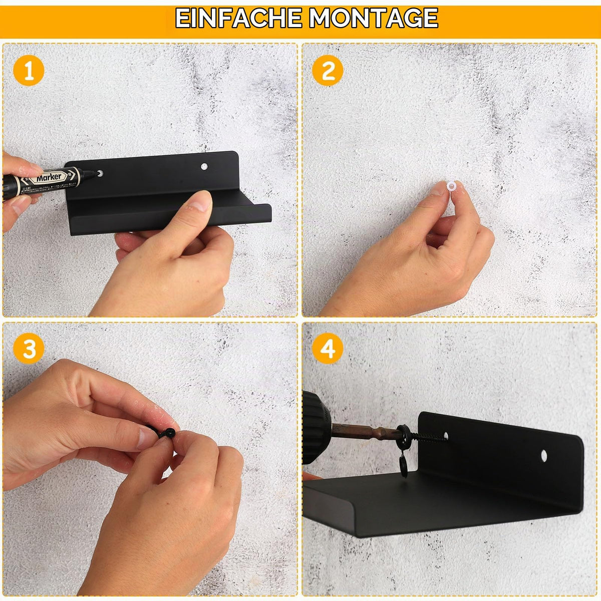 Wandregal, Wandboard, Bilderleiste,Schweberegal, Bad Regal Wand Bücherregal für Wohnzimmer Arbeitszimmer Badezimmer Küche Fotorahmen Dekos (4, Schwarz, 15x11,5x3,5 cm)