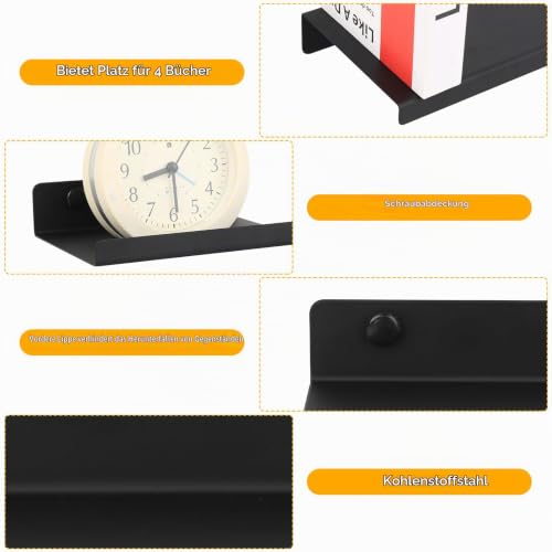 Wandregal, Wandboard, Bilderleiste,Schweberegal, Bad Regal Wand Bücherregal für Wohnzimmer Arbeitszimmer Badezimmer Küche Fotorahmen Dekos (4, Schwarz, 15x11,5x3,5 cm)