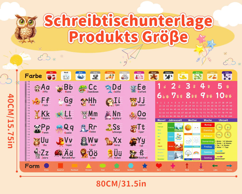 Niviy Schreibtischunterlage Kinder 80X40CM Tier ABC Lernen