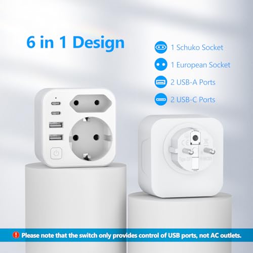 Doppelstecker für Steckdose,JSVER Steckdosenleiste mit USB 2Fach Steckdosenadapter(3680W 16A) mit 2 USB A und 2 USB C(5V/3.4A) Mehrfachstecker für Steckdose mit Schalter para iPad,iPhone Tablets
