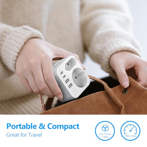 Doppelstecker für Steckdose,JSVER Steckdosenleiste mit USB 2Fach Steckdosenadapter(3680W 16A) mit 2 USB A und 2 USB C(5V/3.4A) Mehrfachstecker für Steckdose mit Schalter para iPad,iPhone Tablets