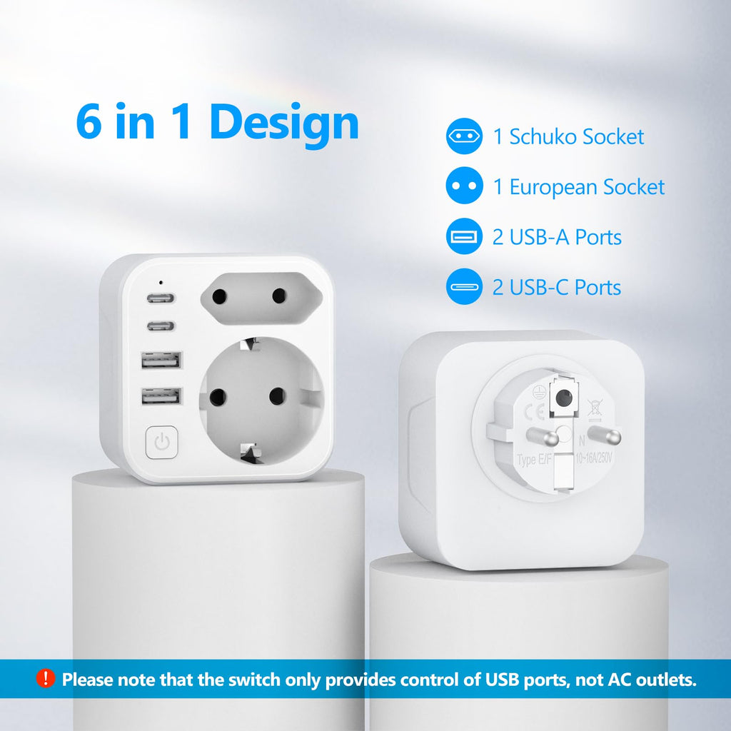 Doppelstecker für Steckdose,JSVER Steckdosenleiste mit USB 2Fach Steckdosenadapter(3680W 16A) mit 2 USB A und 2 USB C(5V/3.4A) Mehrfachstecker für Steckdose mit Schalter para iPad,iPhone Tablets