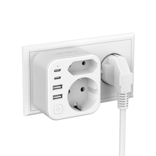 Doppelstecker für Steckdose,JSVER Steckdosenleiste mit USB 2Fach Steckdosenadapter(3680W 16A) mit 2 USB A und 2 USB C(5V/3.4A) Mehrfachstecker für Steckdose mit Schalter para iPad,iPhone Tablets