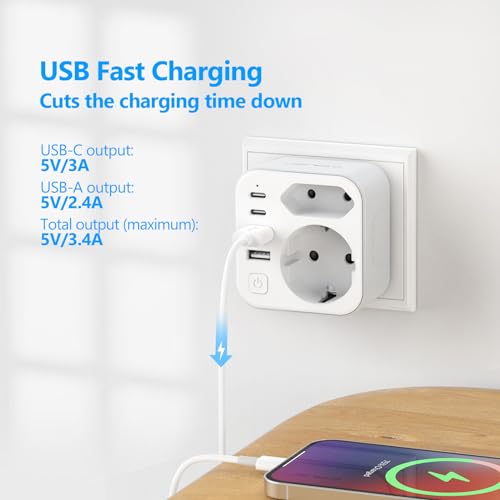 Doppelstecker für Steckdose,JSVER Steckdosenleiste mit USB 2Fach Steckdosenadapter(3680W 16A) mit 2 USB A und 2 USB C(5V/3.4A) Mehrfachstecker für Steckdose mit Schalter para iPad,iPhone Tablets