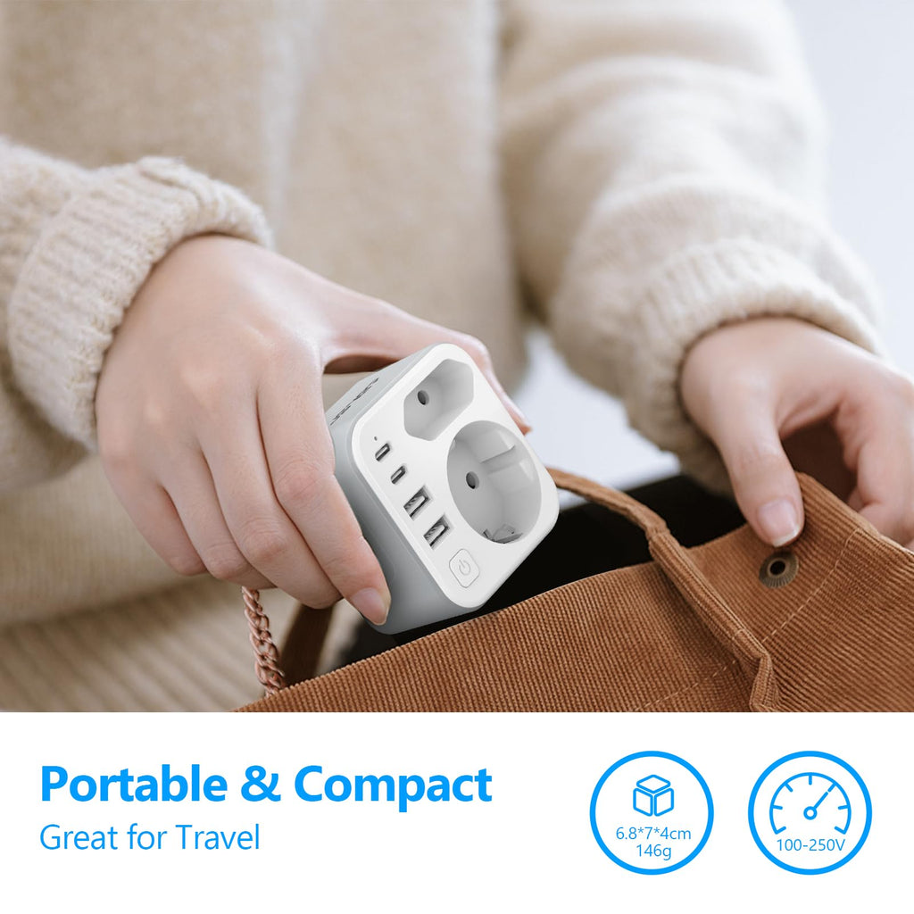 Doppelstecker für Steckdose,JSVER Steckdosenleiste mit USB 2Fach Steckdosenadapter(3680W 16A) mit 2 USB A und 2 USB C(5V/3.4A) Mehrfachstecker für Steckdose mit Schalter para iPad,iPhone Tablets