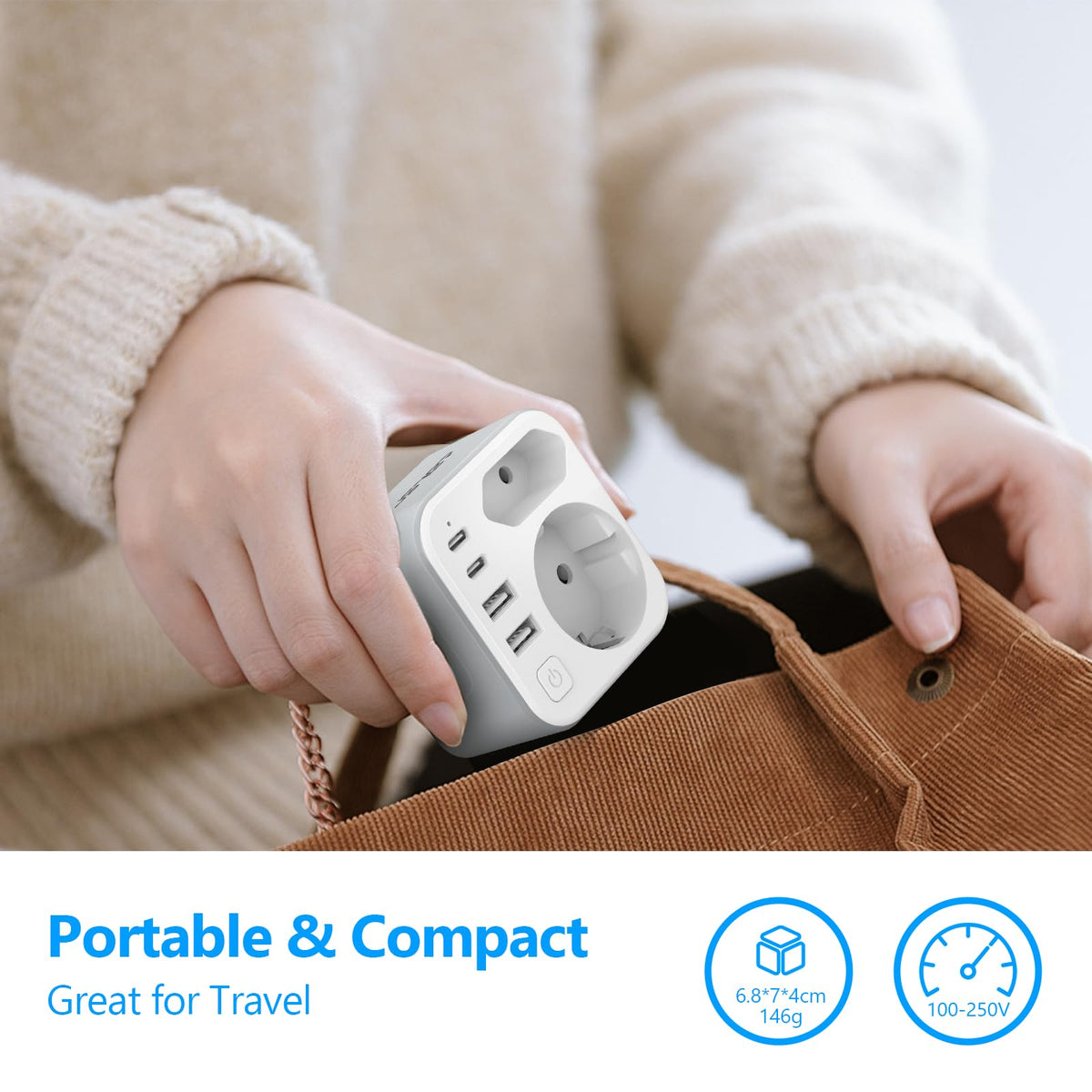 Doppelstecker für Steckdose,JSVER Steckdosenleiste mit USB 2Fach Steckdosenadapter(3680W 16A) mit 2 USB A und 2 USB C(5V/3.4A) Mehrfachstecker für Steckdose mit Schalter para iPad,iPhone Tablets