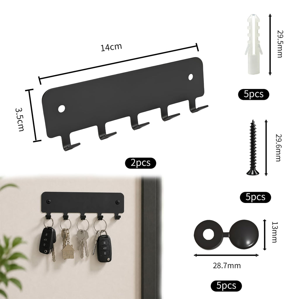Schwarze Schlüsselleiste 5 Haken, Wand Schlüsselboard für Küche Wohnzimmer
