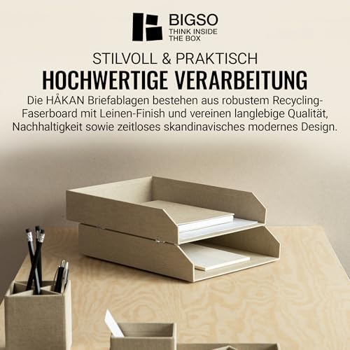 BIGSO Hakan 2er-Set Briefablage A4 – Aufbewahrungsbox stapelbar mit Griff – Schreibtischablage für Briefe, Dokumente & Unterlagen – Ordnungssystem aus Faserplatte mit Papier – Beige