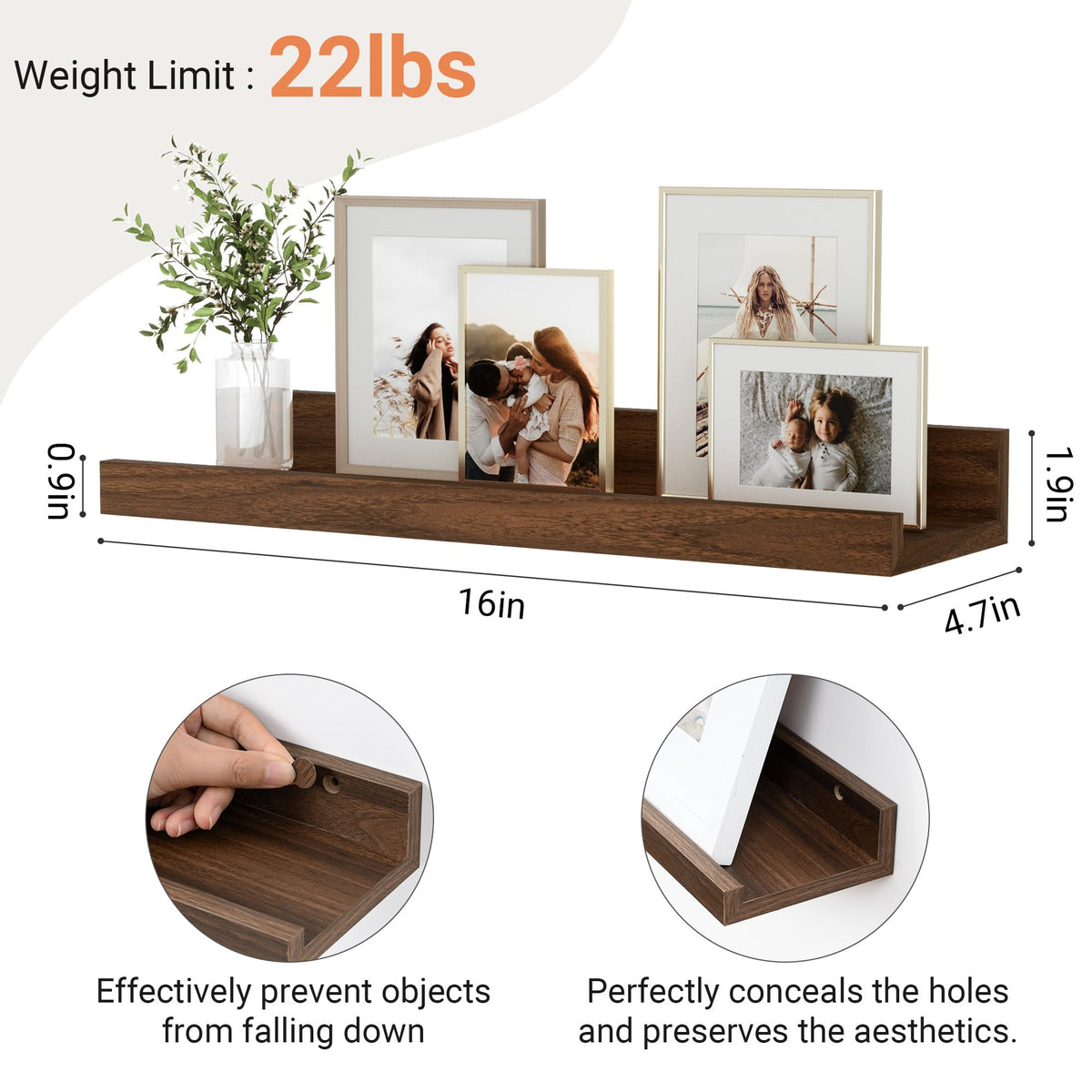 Feihorrm Wandregal, 2er Set, 40cm Schweberegal aus MDF Holz, Wandboard für Bilderrahmen und Dekorationen, Industriedesign, Geeignet für Arbeitszimmer, Schlafzimmer und Küche (Vintage Braun, 40 cm)