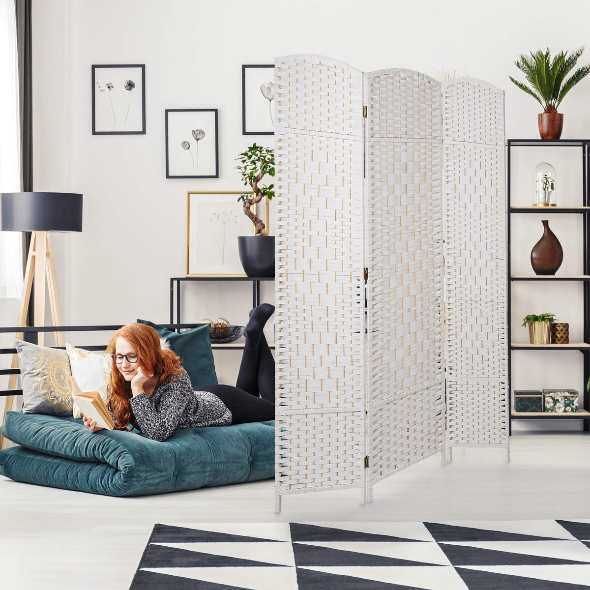 Relaxdays Paravent 3-teilig, HxB: 170 x 120 cm, Faltbarer Raumtrenner, Sichtschutz, Holz & Papierseil, versch. Farben