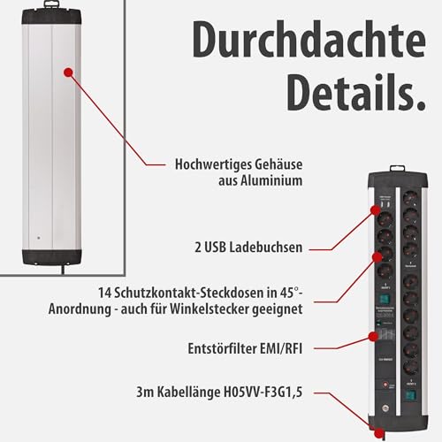 Brennenstuhl Premium-Protect-Line Gaming-Steckdosenleiste 14-Fach, 3m
