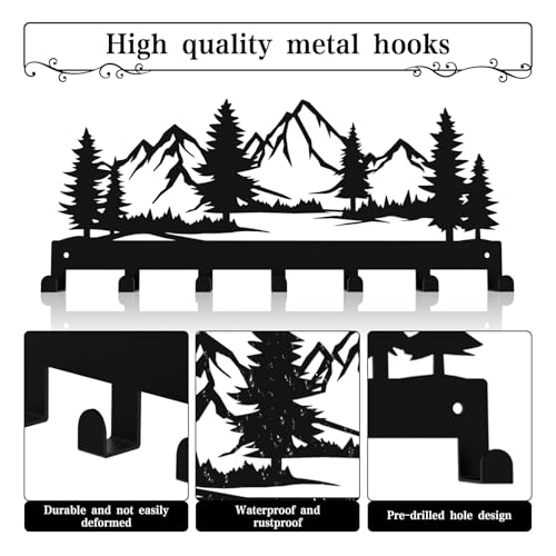 Key Holder Wall Mounted Key Hooks, Black Metal Key Rack Hooks, The Great Grove, Mountain Theme Wall Decoration Hooks, With 7 Hooks, Applicable to Front Doors, Lobby,Corridor, Offices (12 IN)