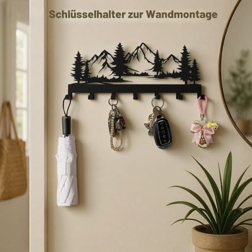 Key Holder Wall Mounted Key Hooks, Black Metal Key Rack Hooks, The Great Grove, Mountain Theme Wall Decoration Hooks, With 7 Hooks, Applicable to Front Doors, Lobby,Corridor, Offices (12 IN)