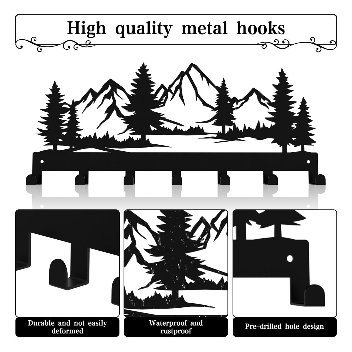 Key Holder Wall Mounted Key Hooks, Black Metal Key Rack Hooks, The Great Grove, Mountain Theme Wall Decoration Hooks, With 7 Hooks, Applicable to Front Doors, Lobby,Corridor, Offices (12 IN)
