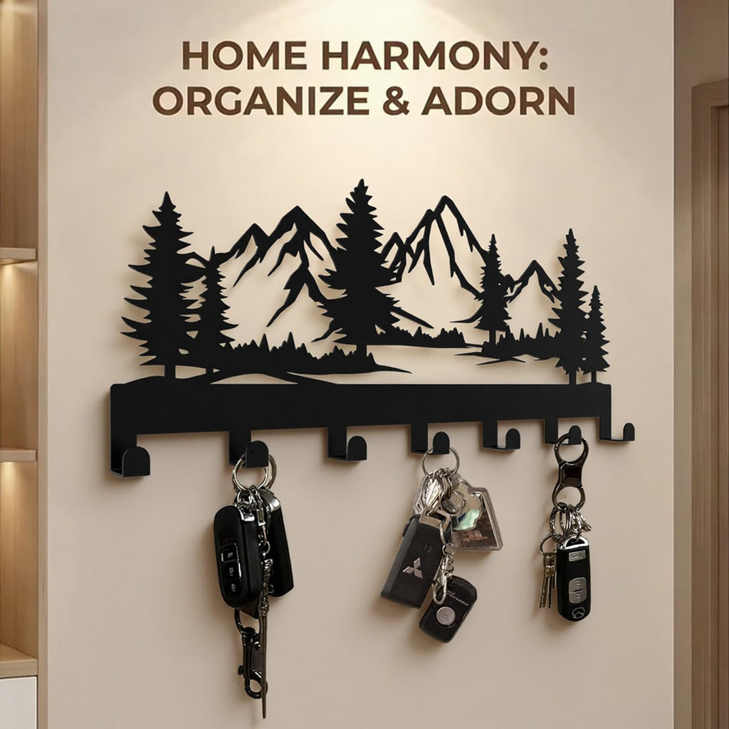Key Holder Wall Mounted Key Hooks, Black Metal Key Rack Hooks, The Great Grove, Mountain Theme Wall Decoration Hooks, With 7 Hooks, Applicable to Front Doors, Lobby,Corridor, Offices (12 IN)