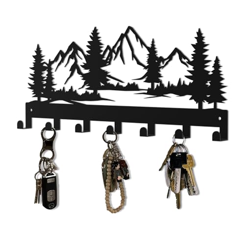 Key Holder Wall Mounted Key Hooks, Black Metal Key Rack Hooks, The Great Grove, Mountain Theme Wall Decoration Hooks, With 7 Hooks, Applicable to Front Doors, Lobby,Corridor, Offices (12 IN)