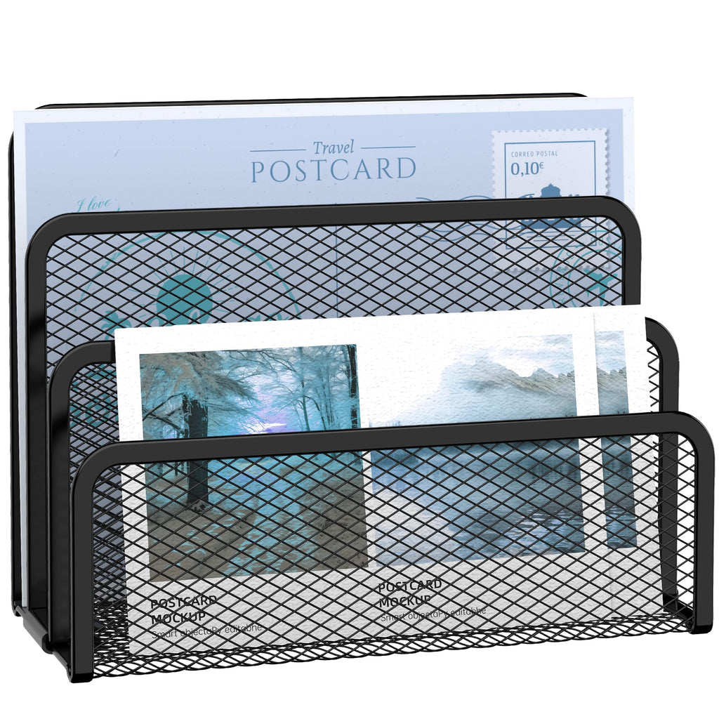 SUPEASY 3 Fächer Briefhalter - Mesh Metall Dokumentenhalter für Schreibtisch, Desktop Mail Halter und Briefablage (Schwarz)