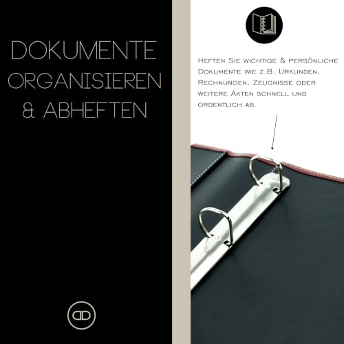 DELMON VARONE - Personalisierbare Dokumentenmappe DIN A4 CambridgeLeder Rot - Echtleder Ringbuch Sammelmappe zum Abheften von Dokumenten, Urkunden & Akten - Ordner mit 3 Einsteckfächern