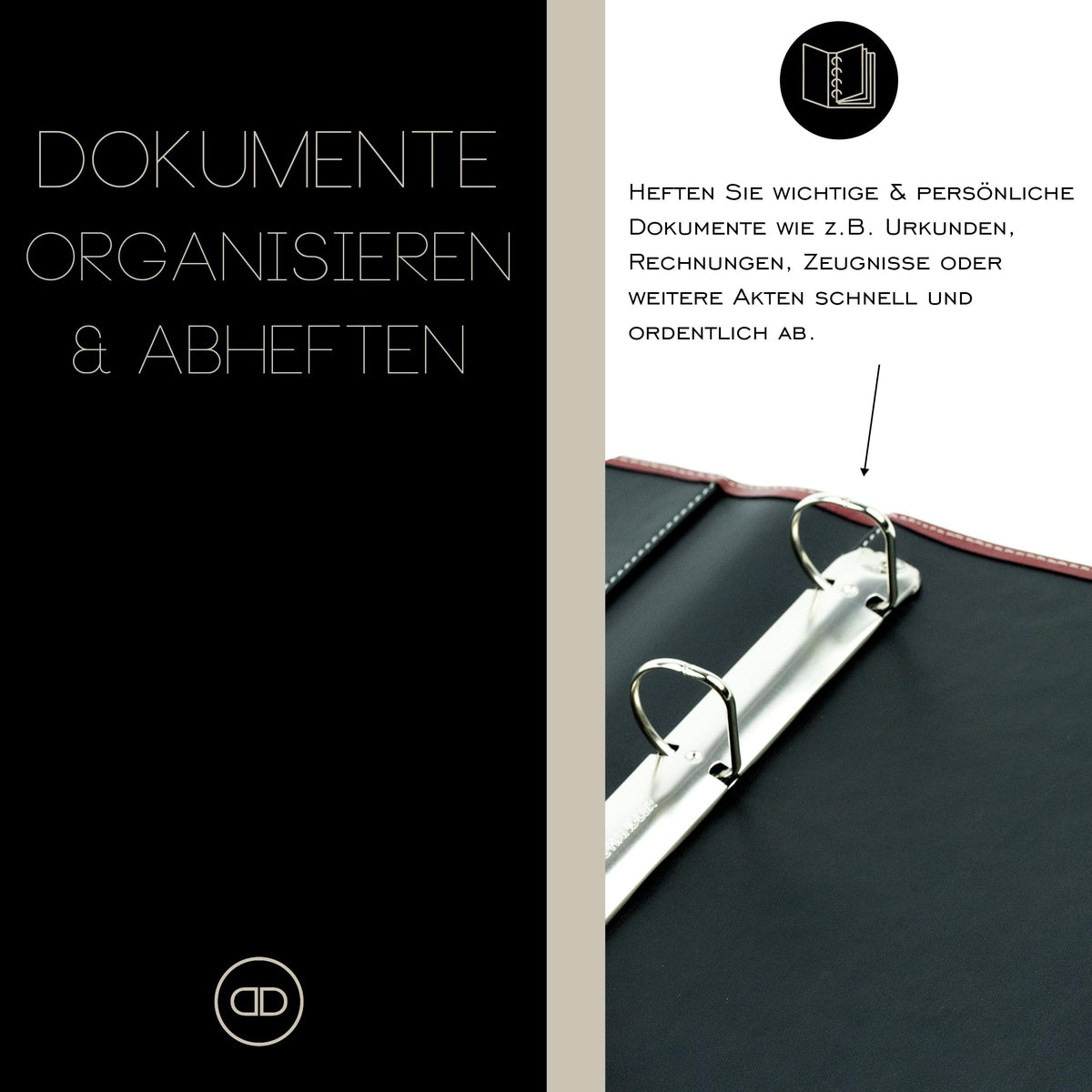 DELMON VARONE - Personalisierbare Dokumentenmappe DIN A4 CambridgeLeder Rot - Echtleder Ringbuch Sammelmappe zum Abheften von Dokumenten, Urkunden & Akten - Ordner mit 3 Einsteckfächern
